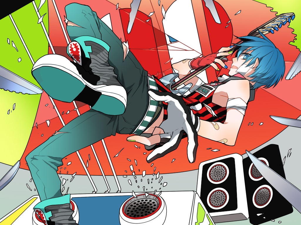 bitte blue_eyes blue_hair casual fingerless_gloves gloves guitar instrument kaito looking_at_viewer male multicolored_nail_polish nail_polish shoes short_hair solo vocaloid