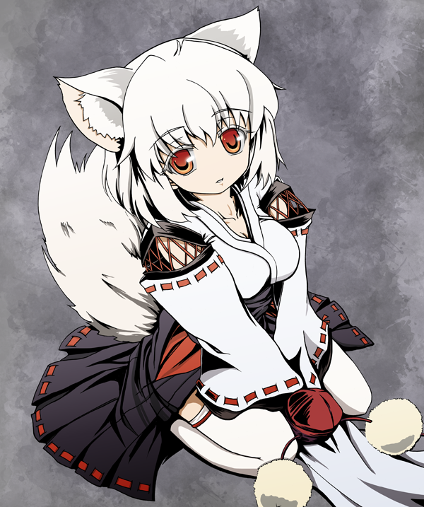 alternate_costume animal_ears detached_sleeves hat hat_removed headwear_removed inubashiri_momiji kourindou_tengu_costume looking_up short_hair silver_hair sitting solo tail thigh-highs thighhighs touhou wariza white_hair white_legwear windfeathers wolf_ears wolf_tail