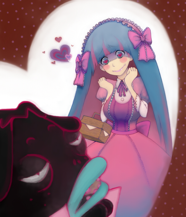 1girl basket dress ghost_(psg) heart heart-shaped_pupils heart_eyes kabonyonko lolita_fashion long_hair panty_&amp;_stocking_with_garterbelt pink_dress stocking_(character) stocking_(psg) symbol-shaped_pupils