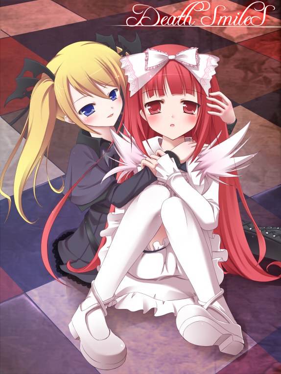 blonde_hair blue_eyes blush casper checkered deathsmiles hug long_hair masaki_(machisora) multiple_girls red_eyes red_hair redhead ribbon sitting smile thigh-highs thighhighs title_drop twintails very_long_hair windia