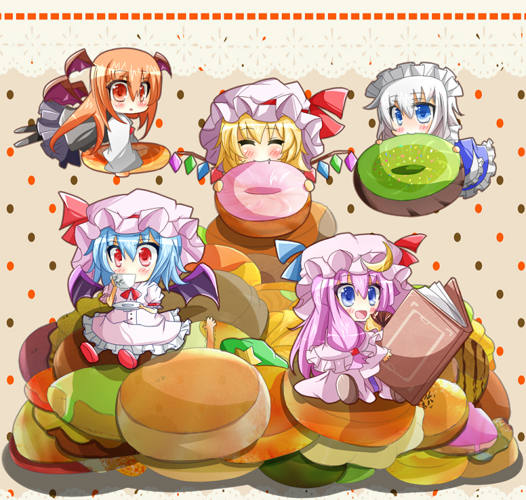 :&lt; :d ^_^ apron ascot bat_wings blonde_hair blue_eyes blue_hair blush book bow buried chibi closed_eyes crescent cup doughnut dress ehimedaisuki eyes_closed fang flandre_scarlet flying food hat hat_bow hat_ribbon head_wings hong_meiling izayoi_sakuya koakuma long_hair maid maid_headdress minigirl multiple_girls necktie open_book open_mouth orange_hair patchouli_knowledge payot purple_hair reading red_eyes remilia_scarlet ribbon saucer short_hair silver_hair sitting skirt skirt_set smile star teacup the_embodiment_of_scarlet_devil touhou trembling vest waist_apron wings