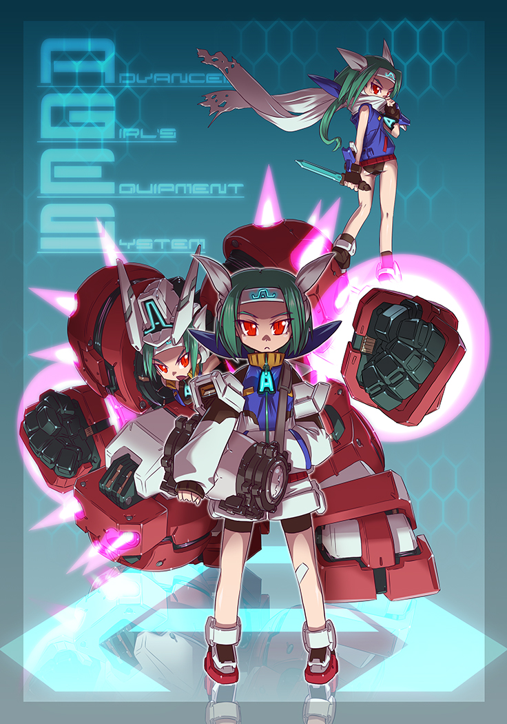 armor bike_shorts energy english fingerless_gloves gloves glowing glowing_eyes green_hair gundam gundam_age gundam_age-1 gundam_age-1_spallow gundam_age-1_titus headband helmet jacket king_of_unlucky knife mecha_musume mechanical_arms mechanical_legs multiple_girls panties personification red_eyes reflection scarf standing underwear
