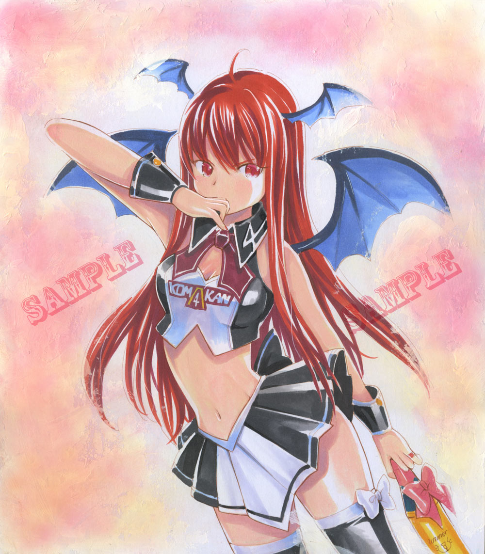 ahoge arm_up bare_shoulders bat_wings black_legwear bottle bow breasts cheerleader cleavage cleavage_cutout collar covering_mouth head_wings koakuma long_hair marker_(medium) mayo_riyo midriff navel race_queen red_eyes red_hair sample solo the_embodiment_of_scarlet_devil thigh-highs thighhighs touhou traditional_media trophy very_long_hair wings wrist_cuffs zettai_ryouiki