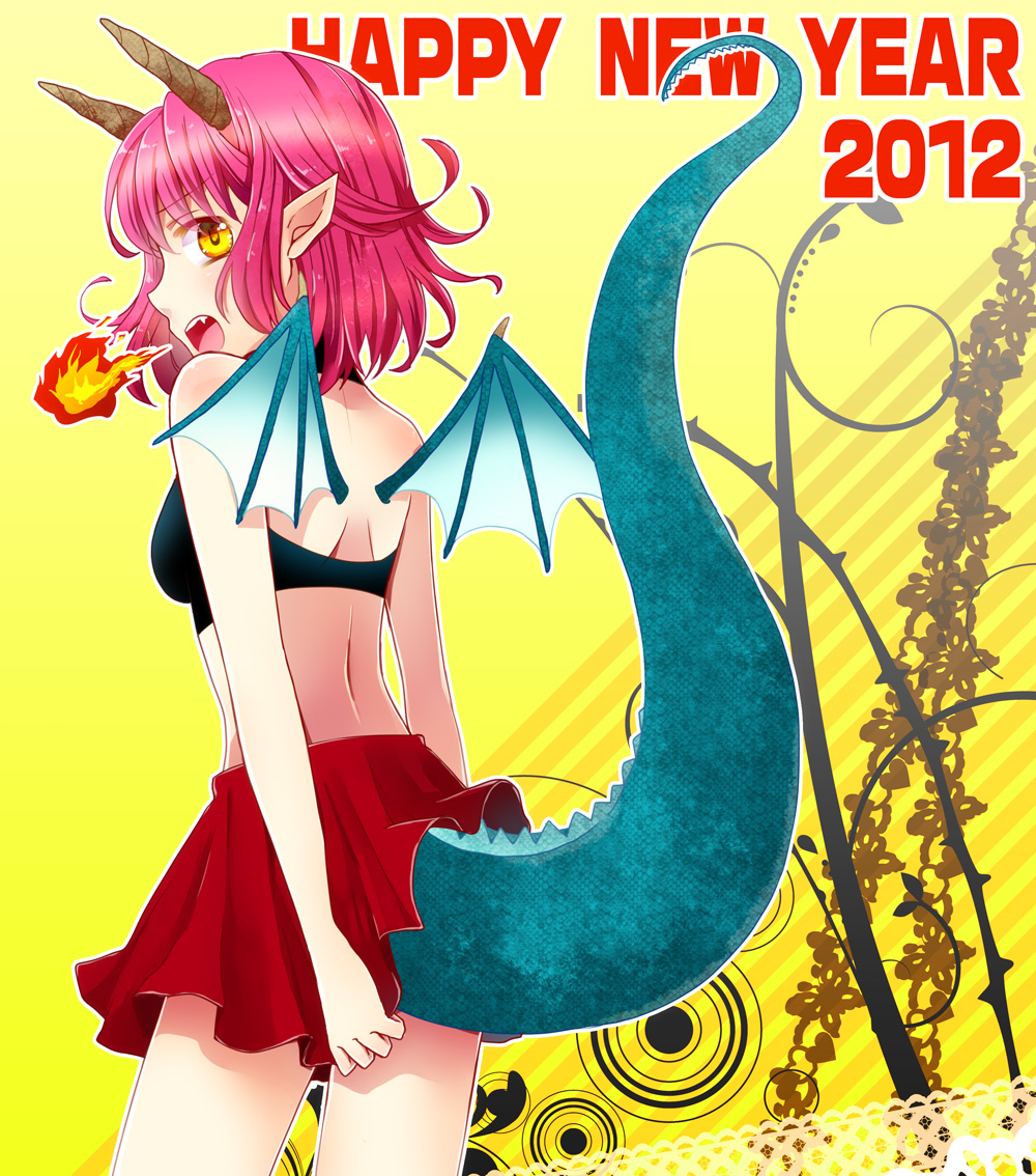 2012 breathing_fire dragon_girl dragon_horns dragon_tail dragon_wings english fire flame from_behind happy_new_year horns mina_m new_year open_mouth original pink_hair pointy_ears short_hair skirt solo tail wings yellow_background yellow_eyes