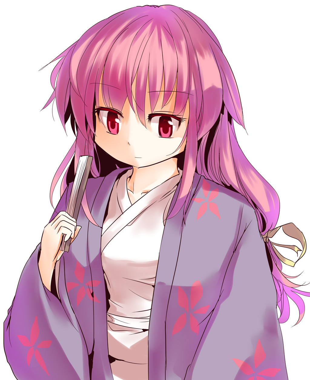 alternate_hair_color culter fan folding_fan hair_ribbon highres japanese_clothes kimono kotohime pink_eyes purple_hair ribbon simple_background solo touhou touhou_(pc-98)
