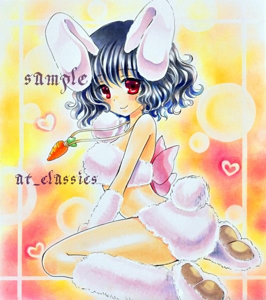 animal_ears at_classics bare_shoulders black_hair bunny_ears bunny_tail carrot inaba_tewi jewelry marker_(medium) necklace red_eyes sample short_hair sitting solo tail touhou traditional_media wariza