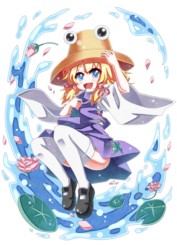 blonde_hair blue_eyes blush emu_ichigo flower frog hair_ribbon hand_on_hat hat jumping lily_pad moriya_suwako open_mouth ribbon short_hair skirt smile solo thigh-highs thighhighs touhou water white_legwear