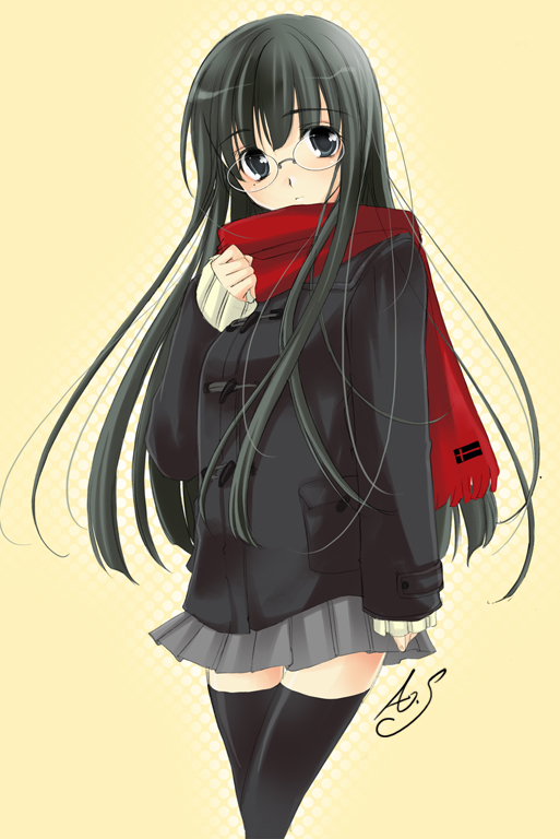 artist_request black_hair copyright_request glasses hime_cut jacket long_hair sasaki_akane scarf signature skirt source_request thigh-highs thighhighs