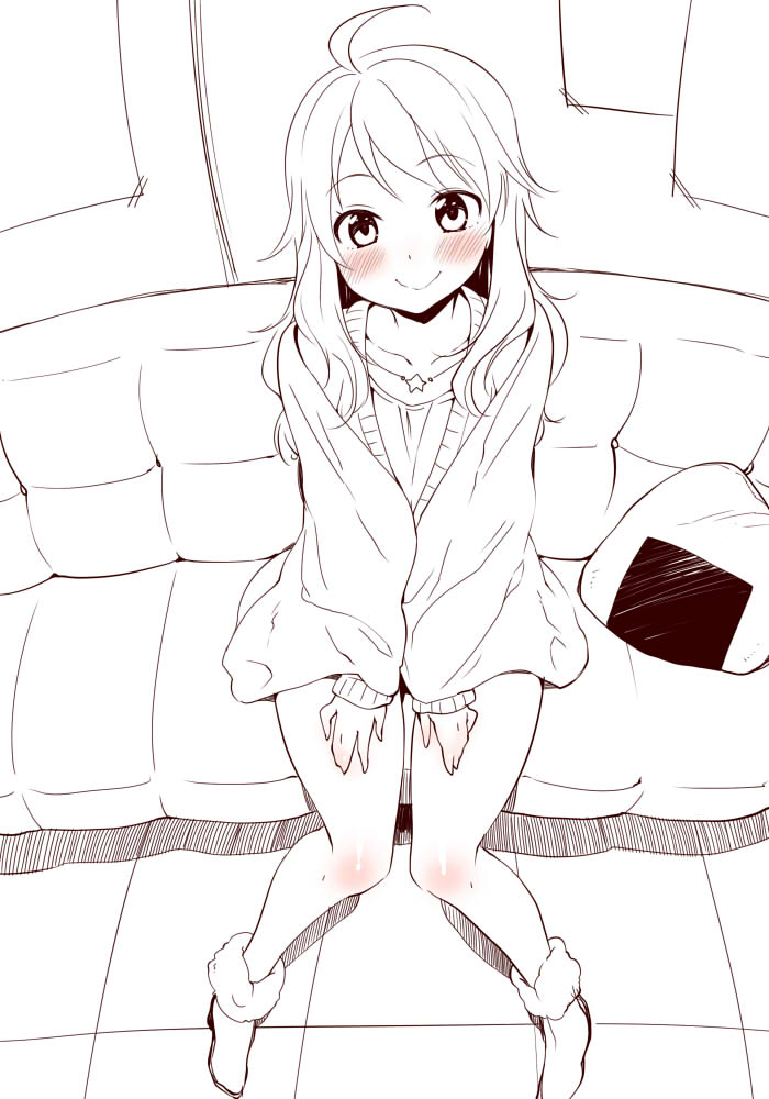 ahoge blush couch cushion food from_above hips hoshii_miki idolmaster kanya_pyi light_smile lineart long_hair looking_at_viewer onigiri partially_colored sitting smile solo themed_object thighs wide_hips