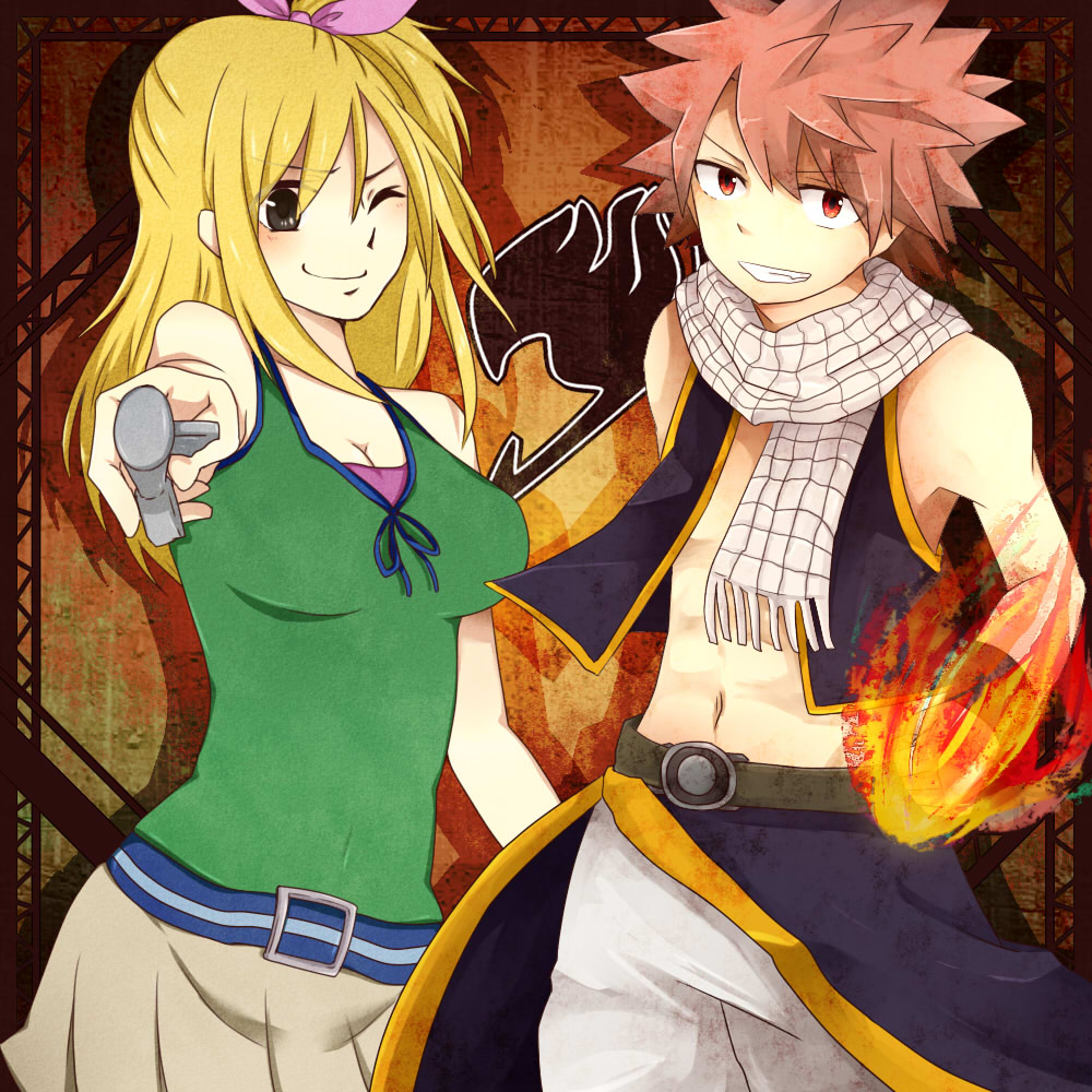blonde_hair breasts cleavage couple fairy_tail fire ka_rura key lucy_heartfilia natsu_dragneel scarf side_ponytail spiked_hair spiky_hair