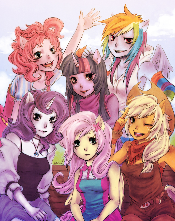 animal_ears arm_warmers bare_shoulders cowboy_hat fingerless_gloves fluttershy friends furry gloves hat horn jewelry multicolored_hair multiple_girls my_little_pony my_little_pony_friendship_is_magic necklace pale_skin personification pinkie_pie portrait rainbow_dash rarity reituki twilight_sparkle wings wink