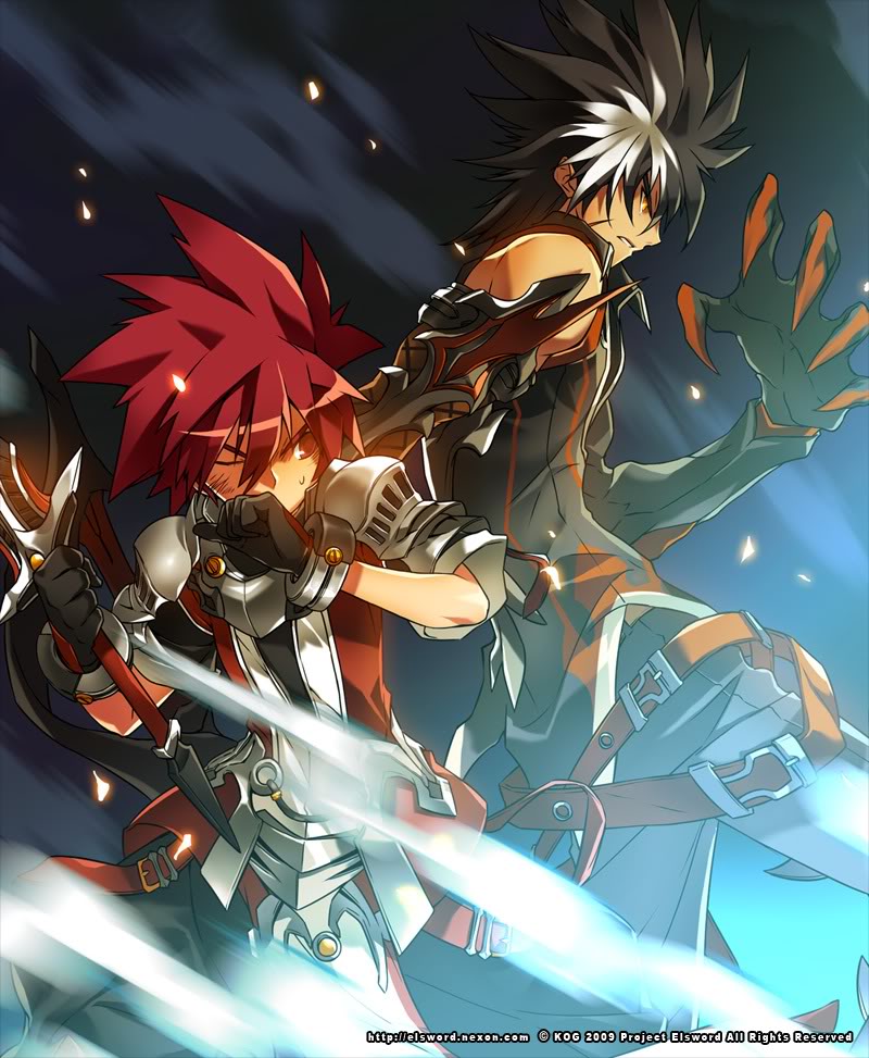 2boys armor belt black_gloves black_hair blue_background brown_eyes claws coat covered_mouth elsword elsword_(character) gloves male multicolored_hair multiple_boys official_art pants pauldron pauldrons raven_(elsword) red_hair redhead ress spiked_hair spiky_hair sweat two-tone_hair white_hair wink