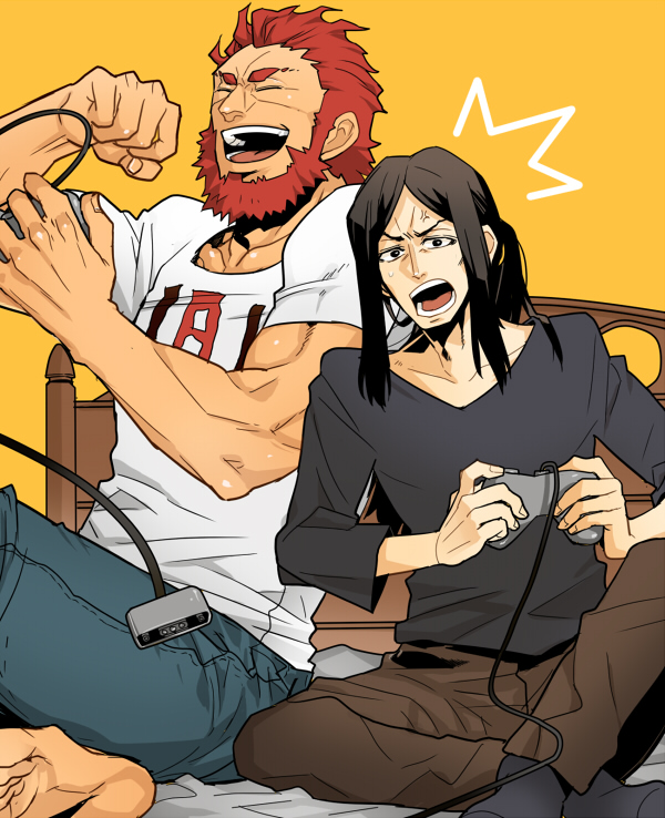 adult bangs barefoot black_hair casual controller fate/stay_night fate/zero fate_(series) footwear game_controller jeans long_hair lord_el-melloi_ii male multiple_boys parted_bangs quyo94 red_hair redhead rider_(fate/zero) short_hair socks t-shirt time_paradox video_game waver_velvet