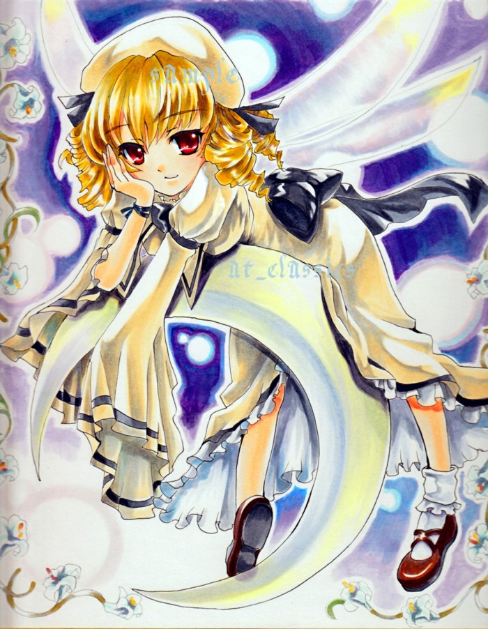 at_classics blonde_hair crescent dress fairy flower frilled_dress frills hat luna_child marker_(medium) red_eyes sample short_hair smile solo touhou traditional_media wings