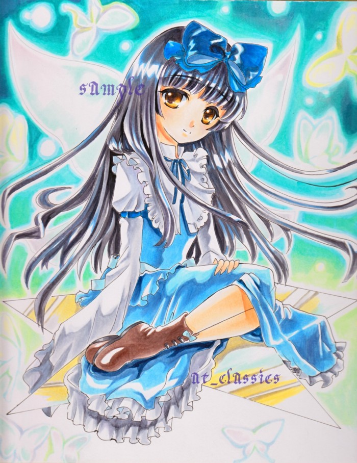 at_classics black_hair bow brown_eyes butterfly dress fairy frilled_dress frills hair_bow long_hair marker_(medium) sample smile solo star star_sapphire touhou traditional_media wings