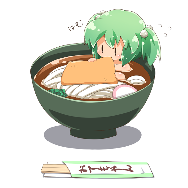 bathing blush bowl chibi chopsticks eating food green_hair hair_bobbles hair_ornament in_bowl in_container in_food jinnouchi_akira kisume minigirl nude solo soup touhou twintails |_|