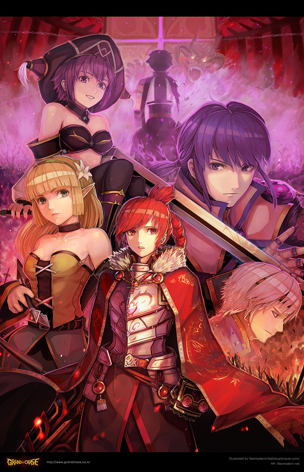 4girls arme armor arrow bare_shoulders black blonde_hair bow_(weapon) cape detached_sleeves elesis elf flower gauntlets gloves grand_chase green_eyes hair hair_flower hair_ornament hat lass_(grand_chase) lass_isolet libert lire mage multiple_boys multiple_girls open_mouth pixiv pointy_ears ponytail purple_eyes purple_hair red_eyes red_hair redhead ronan_erudon sieghart_(grand_chase) silver_hair sword violet_eyes weapon