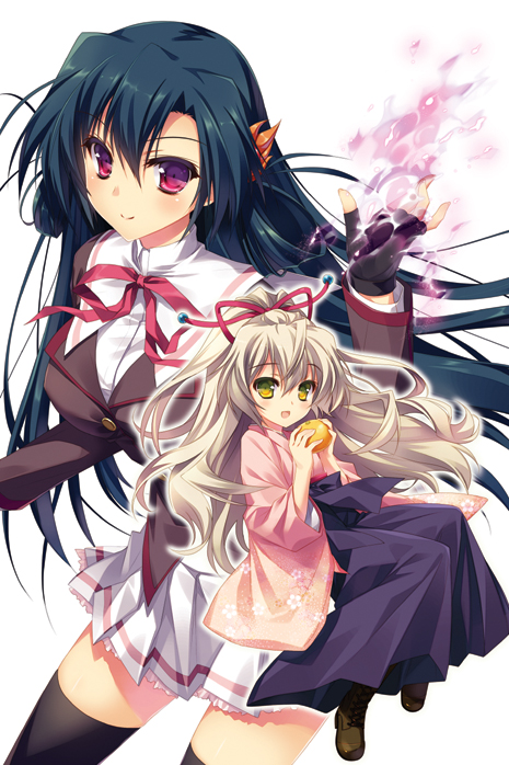 akai_yukino black_gloves black_hair black_legwear boots character_request cross-laced_footwear fingerless_gloves food fruit gloves hair_ornament hair_ribbon holding long_hair looking_at_viewer magic multiple_girls nozuchi open_mouth orange pleated_skirt ponytail purple_eyes ribbon school_uniform silver_hair simple_background skirt smile thigh-highs thighhighs tsuchi_zokusei_wa_date_ja_nai! violet_eyes yasaka_minato yellow_eyes