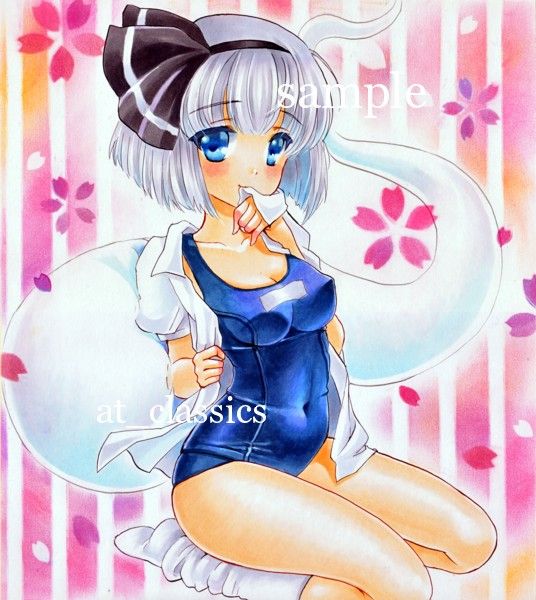 at_classics blue_eyes blush breasts cleavage footwear hair_ribbon hitodama konpaku_youmu konpaku_youmu_(ghost) marker_(medium) one-piece_swimsuit open_clothes open_shirt ribbon sample school_swimsuit short_hair silver_hair socks solo swimsuit touhou traditional_media