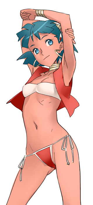arm_grab armpits arms_up bandeau bangs bikini blue_eyes blue_hair bracelet breasts cleavage crop_top dark_skin dutch_angle earrings flat_chest from_below fushigi_no_umi_no_nadia head_tilt hoop_earrings jewelry looking_at_viewer midriff mound_of_venus nadia navel necklace nishieda open_clothes open_shirt panties ribs short_hair side-tie_bikini side-tie_panties simple_background skinny smile solo standing stretch string_bikini swimsuit swimsuit_under_clothes underwear vest white_background