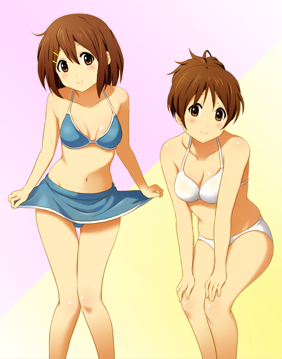 bikini bikini_skirt breasts brown_eyes brown_hair cleavage curtsey hands_on_knees hirasawa_ui hirasawa_yui k-on! leaning_forward multiple_girls ponytail shian_(my_lonly_life.) short_hair siblings sisters skirt_hold swimsuit