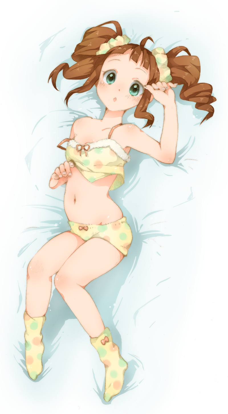 :o bed brown_hair camisole drill_hair flat_chest footwear green_eyes highres idolmaster lingerie lying midriff navel off_shoulder on_back polka_dot polka_dot_panties scrunchie socks solo takatsuki_yayoi ting_come twintails underwear underwear_only yellow_camisole yellow_panties yellow_socks