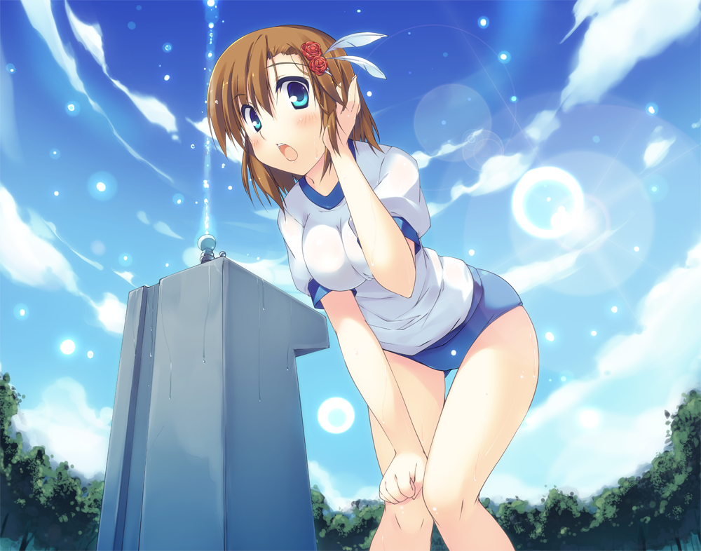 blue_eyes blush breasts brown_hair buruma character_request clenched_hand cloud feathers fist flower forest gym_uniform hair_feathers hair_flower hair_ornament hair_tucking hand_on_knee knees_together_feet_apart leaning_forward looking_at_viewer nature nekonade_distortion open_mouth red_rose rose short_hair sky solo t-ray t-shirt water_dispenser water_droplets yuzu_(nekonade_distortion)
