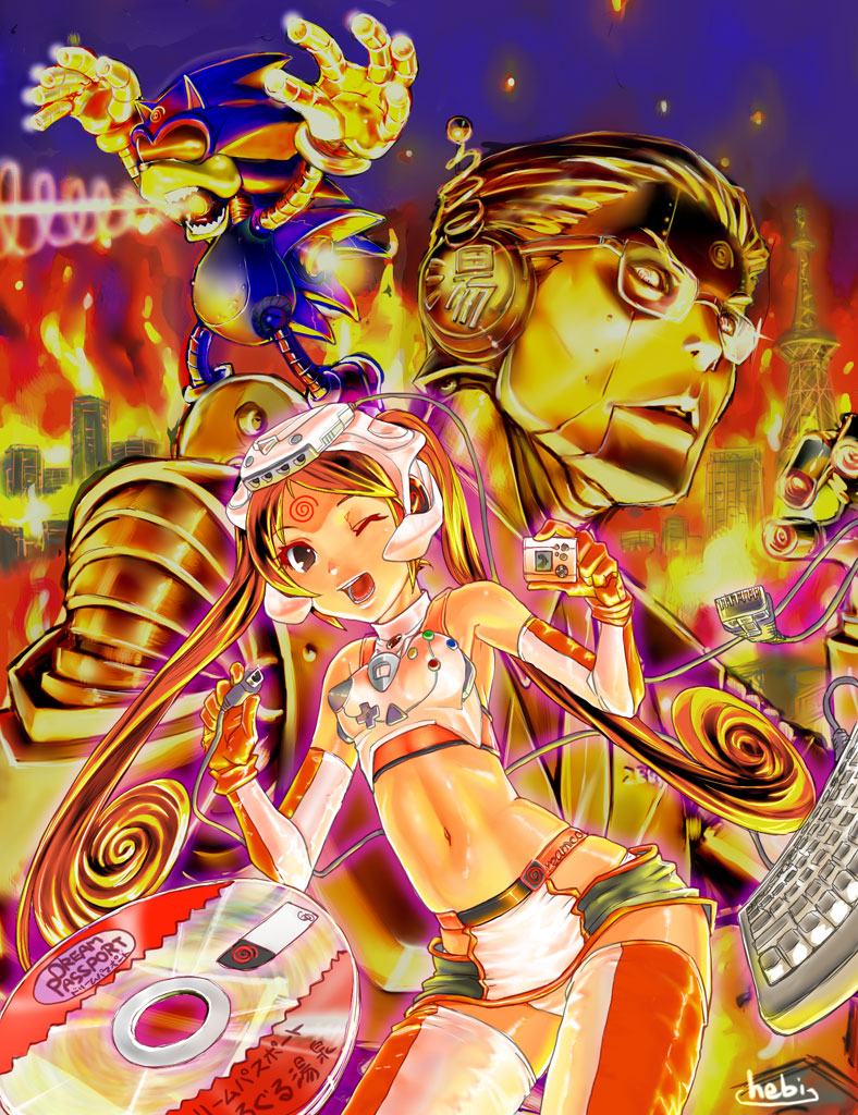 bad_id bare_shoulders brown_eyes brown_hair computer_keyboard crop_top dreamcast hebina_masayoshi keyboard midriff navel open_mouth optical_disc panties personification sega skirt smile sonic sonic_the_hedgehog thigh-highs thighhighs underwear upskirt wink