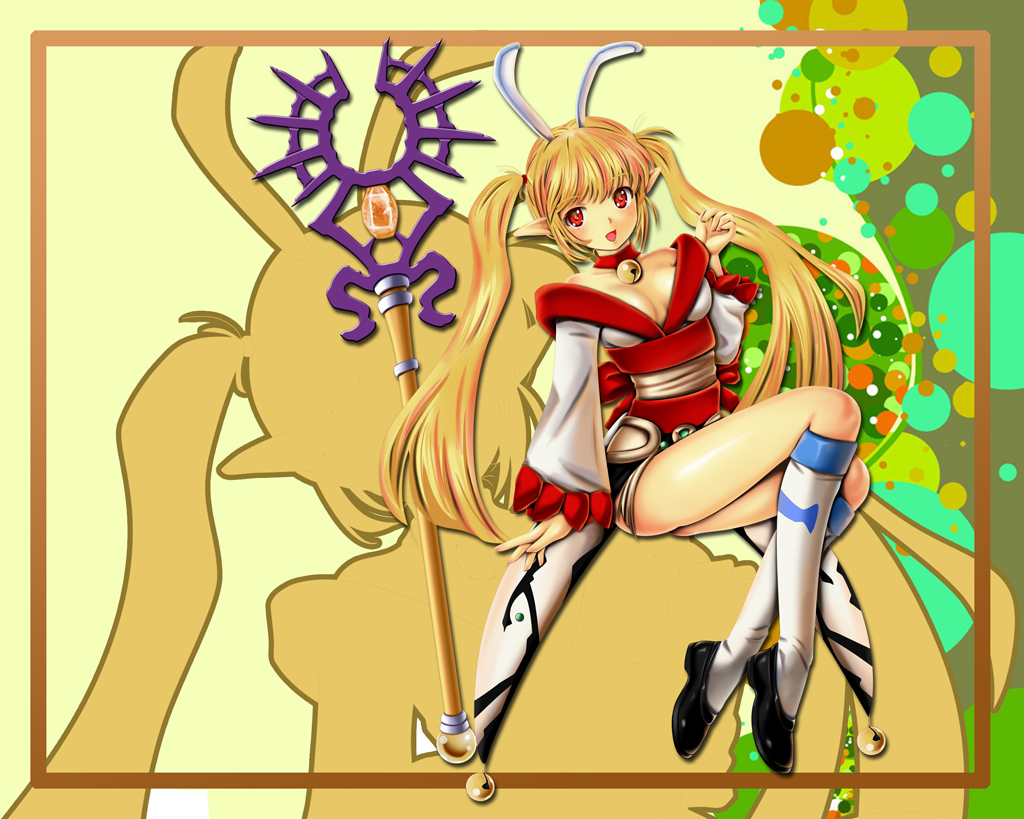 animal_ears blonde_hair japanese_clothes only_haruka red_eyes staff twintails