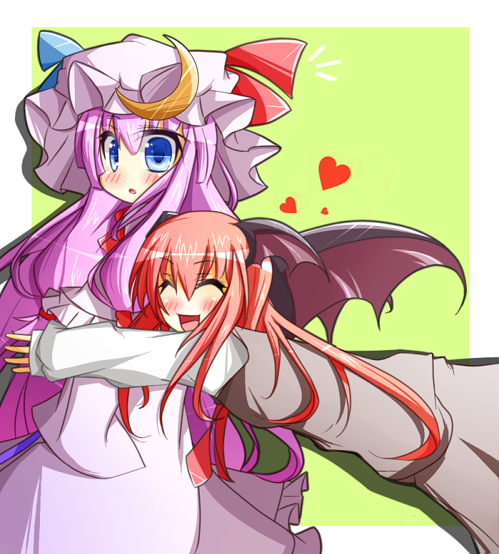 :d :o ^_^ bat_wings blue_eyes blush closed_eyes crescent dress dress_shirt ehimedaisuki eyes_closed glomp green_background hair_ribbon happy hat head_wings heart hug hug_from_behind koakuma long_hair long_sleeves multiple_girls necktie open_mouth patchouli_knowledge payot purple_hair red_hair redhead ribbon shirt simple_background skirt skirt_set sleeves_past_wrists smile the_embodiment_of_scarlet_devil touhou very_long_hair vest wings