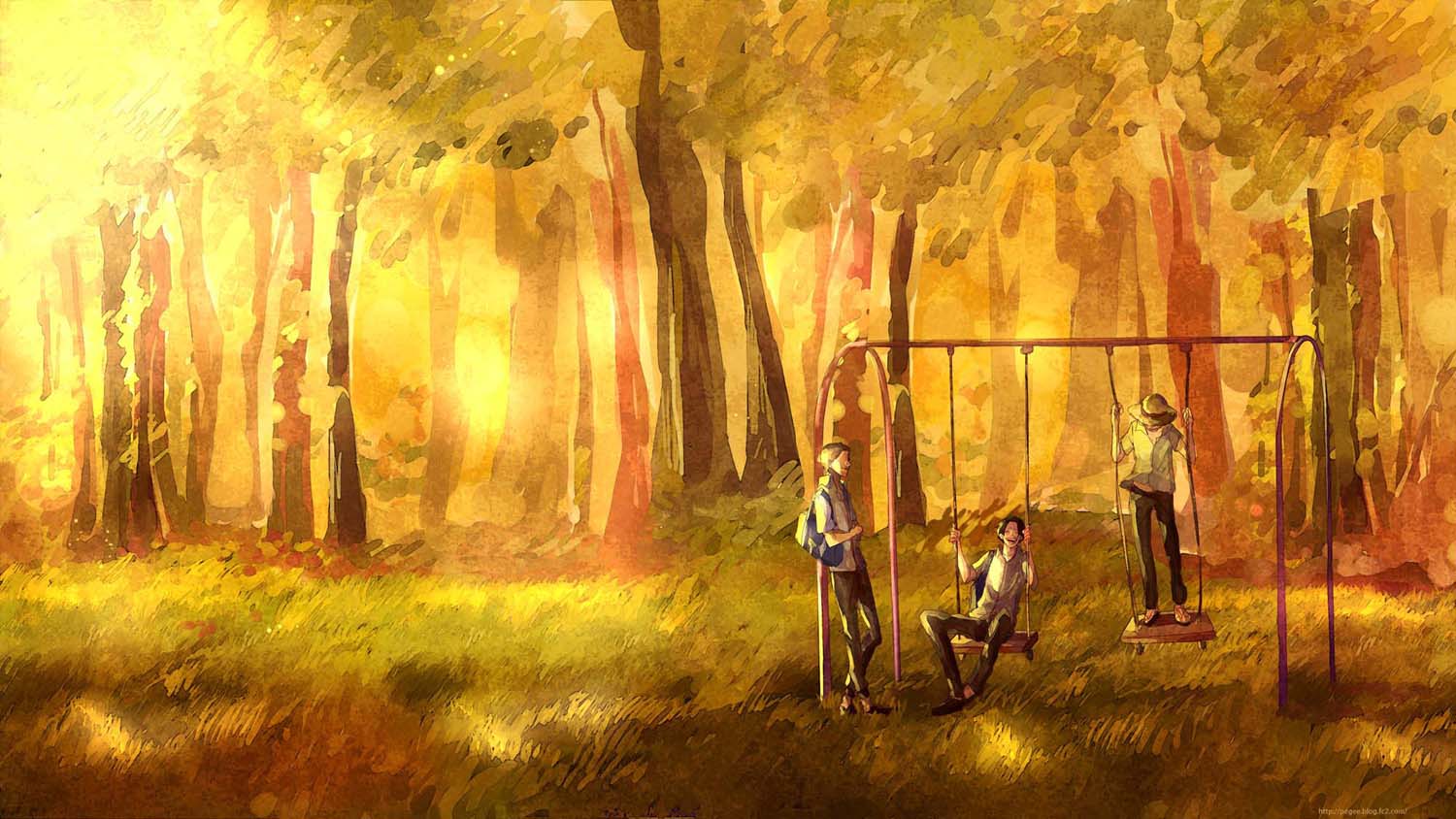 backpack bag black_pants blonde_hair brothers brown_hair family forest hat laughing monkey_d_luffy multiple_boys nature one_piece pipay portgas_d_ace randoseru sabo_(one_piece) sandals school_uniform schoolboys shirt siblings smile straw_hat strawhat student swing swing_set swingset tree white_shirt