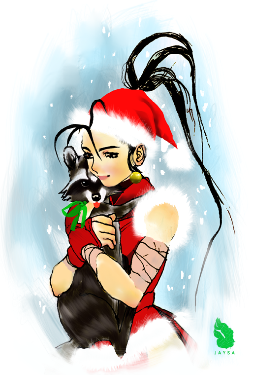 adapted_costume animal animal_ears antenna_hair bandages black_hair christmas don_(street_fighter) earrings fingerless_gloves gloves hat high_ponytail hug ibuki jaysa-laser jewelry kote long_hair ninja ribbon santa_costume santa_hat sleeveless smile snow street_fighter street_fighter_iii tanuki tongue tongue_out