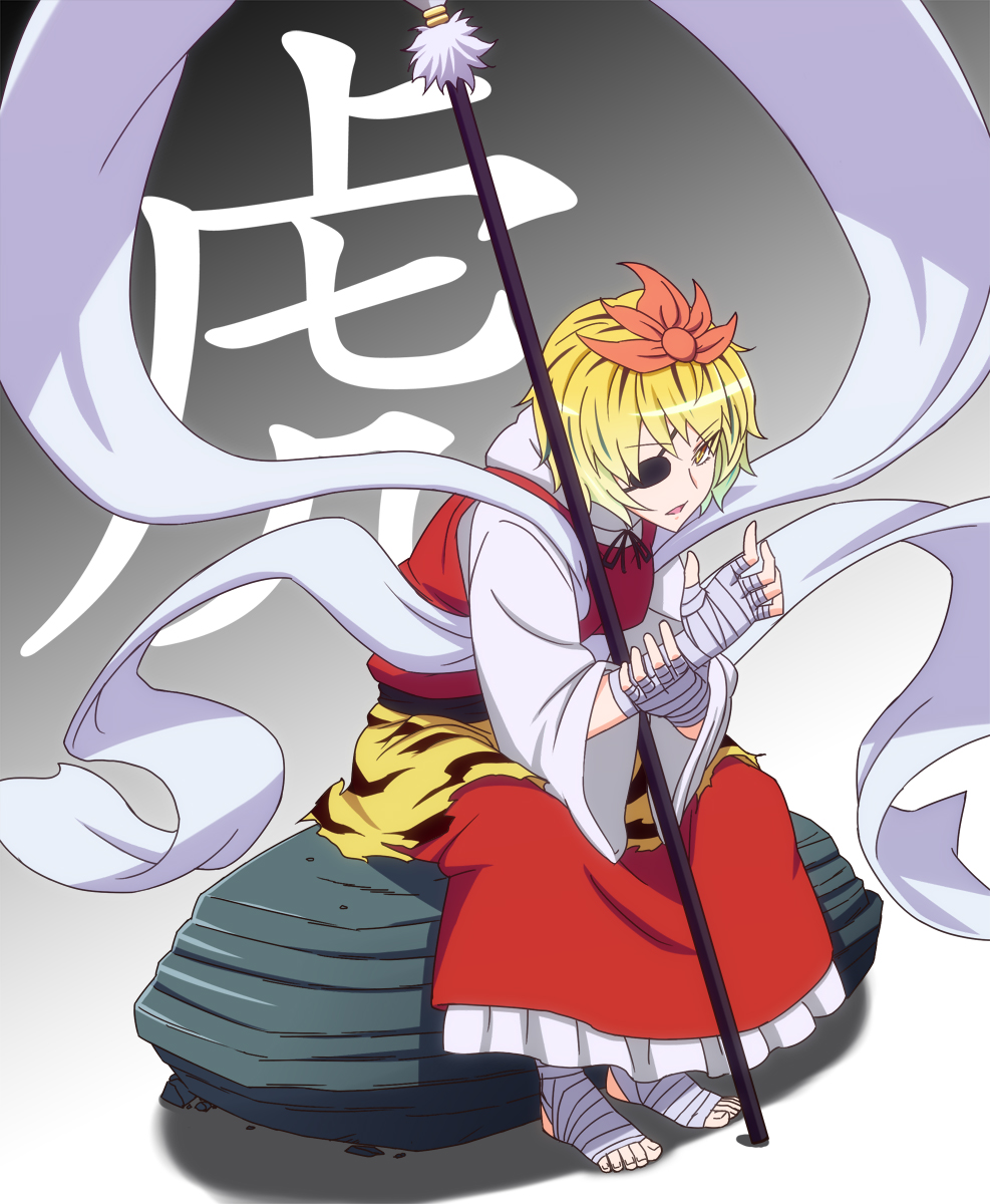 ankle_wraps bandage bandages barefoot blonde_hair dress eyepatch feet h-new hair_ornament highres open_mouth shawl short_hair sitting sitting_on_rock solo staff toeless_socks toes toramaru_shou touhou translation_request yellow_eyes