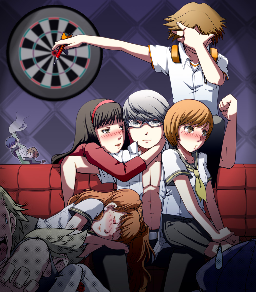 5girls abs amagi_yukiko arisato_minato black_hair blonde_hair blush bottle brown_eyes brown_hair chair dart dartboard darts drunk facepalm female_protagonist_(persona_3) glasses grey_eyes grey_hair hanamura_yousuke harem hat headphones highres hug kujikawa_rise kuma_(persona_4) lap_pillow long_hair manly multiple_boys multiple_girls narukami_yuu open_clothes open_shirt persona persona_3 persona_3_portable persona_4 pimp satonaka_chie shirogane_naoto short_hair sweatdrop t0kiwa tatsumi_kanji twintails