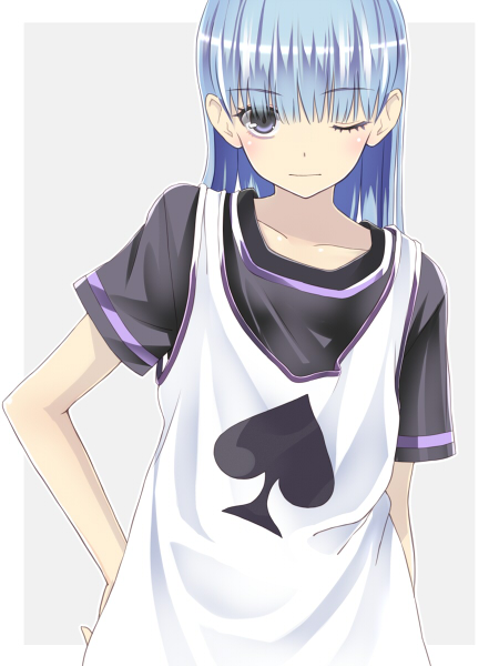 1girl blue_hair blush hand_on_hip long_hair looking_at_viewer original simple_background solo toshiya