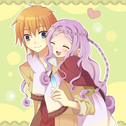 1girl blue_eyes blush brown_hair character_request closed_eyes eyes_closed feathers harvest_moon harvest_moon:_the_tale_of_two_towns harvest_moon_twin_villages heart hug hug_from_behind long_hair mini_mamu open_mouth philip_(harvest_moon) purple_hair sage_(harvest_moon) short_hair smile