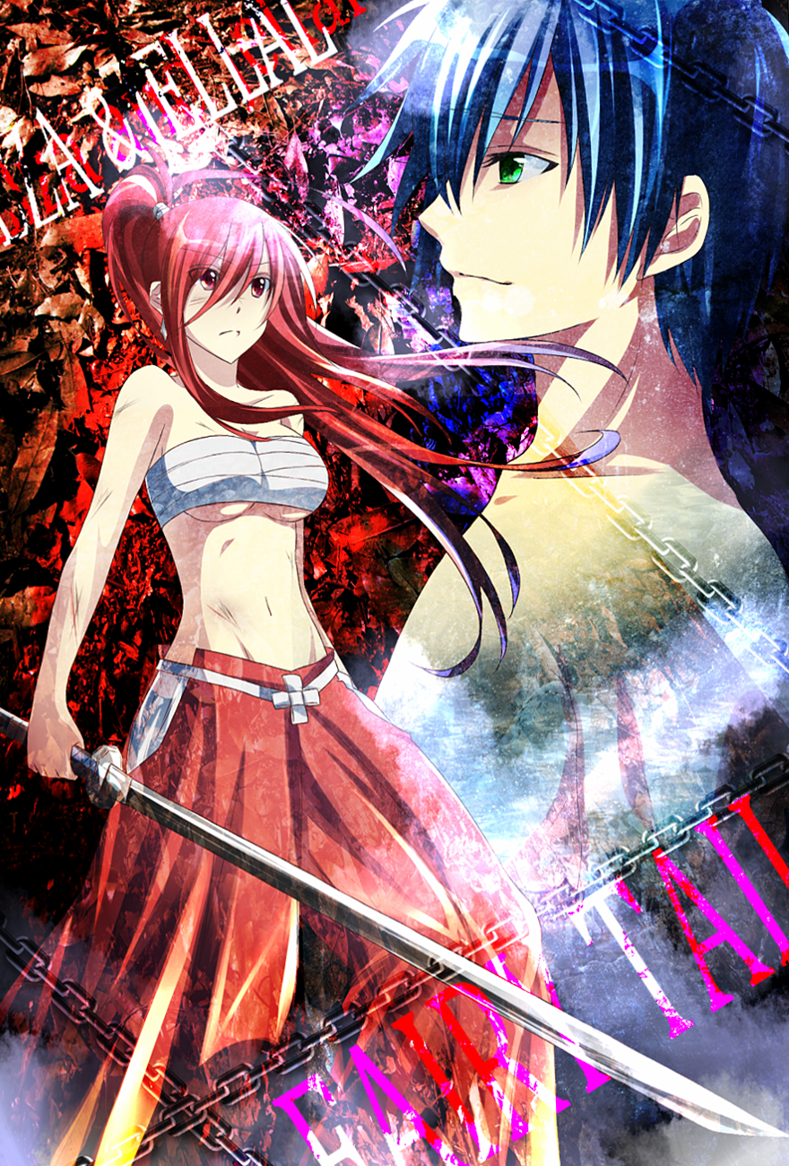 blue_hair cuts earrings erza_scarlet fairy_tail green_eyes hakama highres injury japanese_clothes jellal_fernandes jewelry kurose_nao long_hair ponytail red_eyes red_hair redhead sarashi scar scratches sword weapon