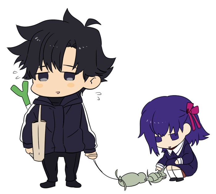 1girl ahoge bag black_hair chibi child crest_worm dress empty_eyes fate/zero fate_(series) flat_color flat_gaze hair_ribbon hoodie insect jirafu leash matou_kariya matou_sakura petting poking purple_eyes purple_hair ribbon spring_onion sweat uncle_and_niece violet_eyes worms young