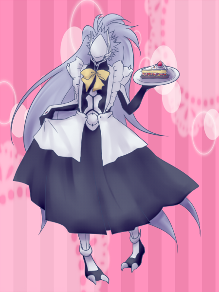 blazblue cake curtsey enmaided food hakumen long_hair maid ponytail silver_hair slice_of_cake solo tray yukichi69