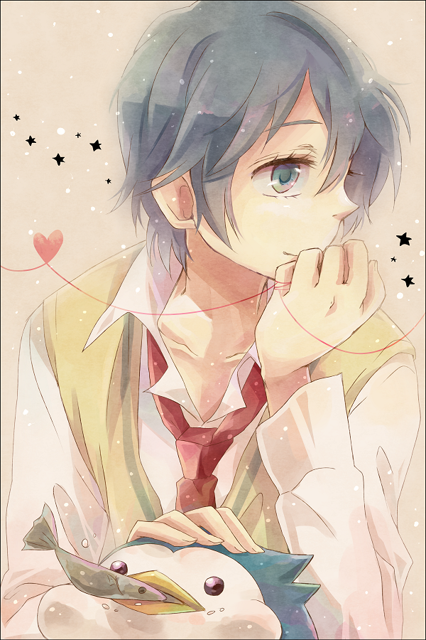 bird blue_hair eating fish green_eyes hand_on_head heart heart_of_string mawaru_penguindrum miso_(mimimiso) necktie penguin penguin_2-gou puffy_cheeks short_hair takakura_shouma vest