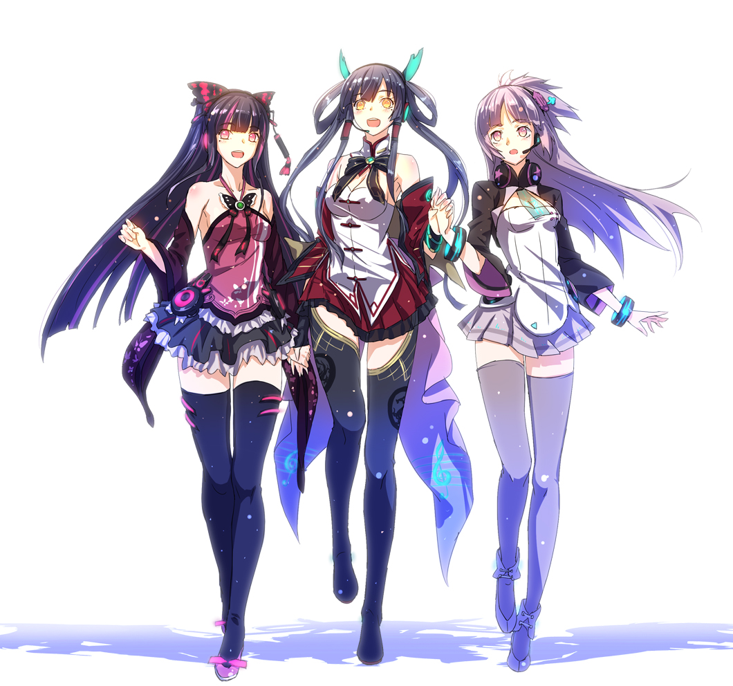 bare_shoulders black_hair black_legwear boots bow bracelet breasts bustier cleavage detached_collar detached_sleeves grey_legwear hair_bow hair_ornament hair_ribbon hair_rings hair_tubes hand_holding headphones headphones_around_neck holding_hands jewelry lace-trimmed_skirt long_hair long_sleeves multicolored_hair multiple_girls musical_note open_mouth orange_eyes original patterned pink_eyes pink_hair ribbon ryuuzaki_itsu shadow shoes silver_hair simple_background skirt star thigh-highs thigh_boots thighhighs twintails two-tone_hair white_background yellow_eyes