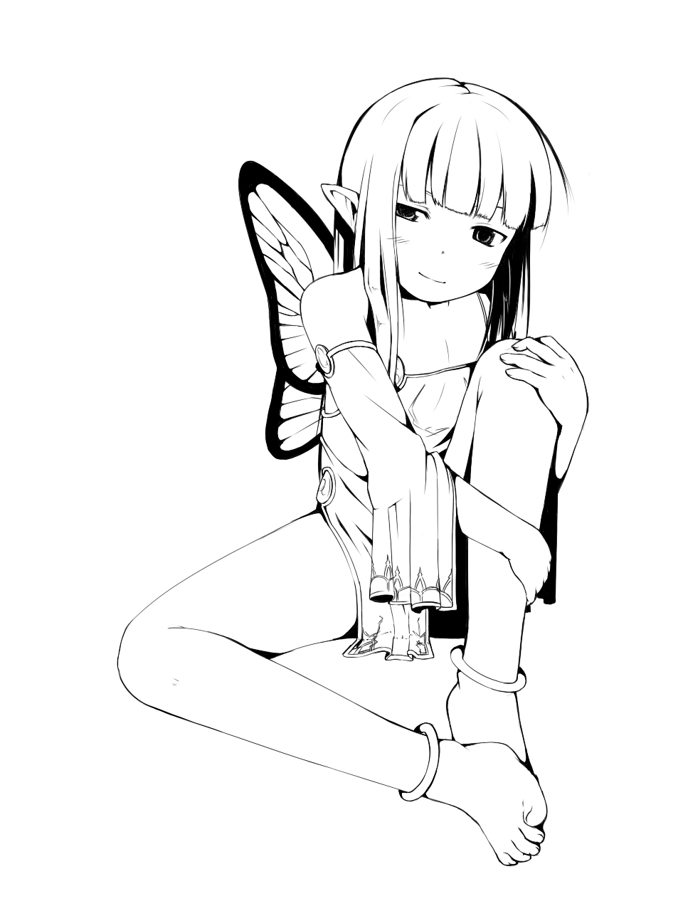 anklet barefoot butterfly_wings copyright_request feet flat_chest highres jewelry lineart long_hair looking_at_viewer monochrome pointy_ears shima_(sh1mamu) sitting smile solo toes wings