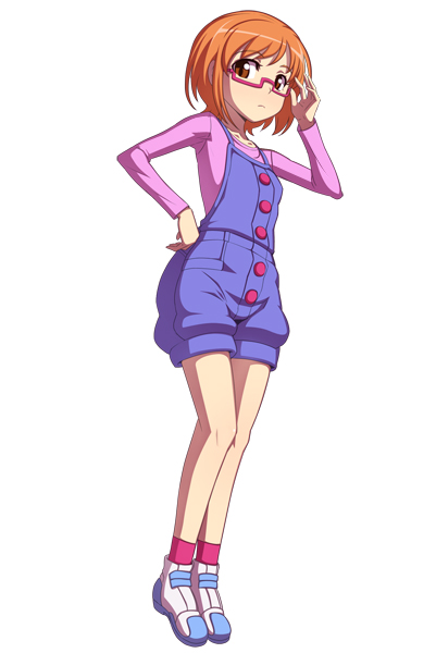 brown_eyes brown_hair caryo footwear glasses hand_on_hip hips nanashino overalls precure red-framed_glasses shirabe_ako shoes short_hair shorts simple_background sneakers socks solo suite_precure white_background