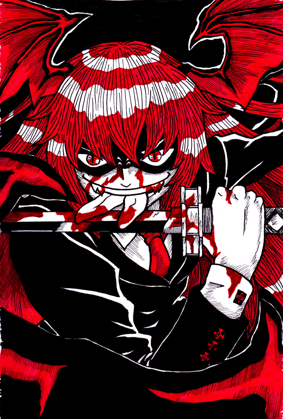 bat_wings blade blood blood_on_face bloody_clothes cross devil forked_tongue formal head_wings highres katana koakuma licking long_hair looking_at_viewer monochrome multiple_wings necktie red red_eyes red_hair redhead slit_pupils solo spoilers suit sword the_embodiment_of_scarlet_devil tongue touhou traditional_media tres-iques weapon wings