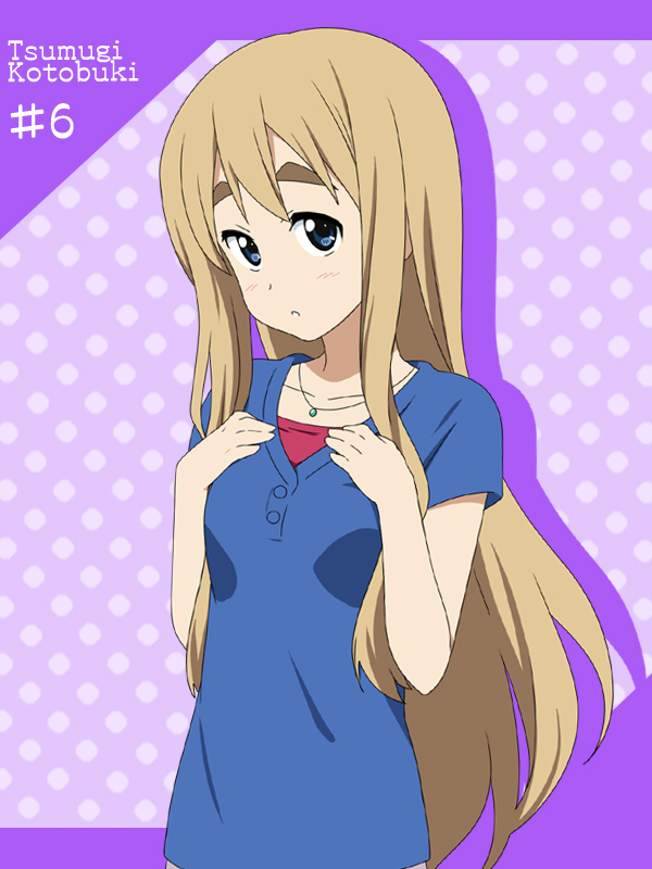 blonde_hair blue_eyes blush casual character_name hands_on_own_chest ikari_manatsu k-on! kotobuki_tsumugi long_hair polka_dot polka_dot_background solo very_long_hair