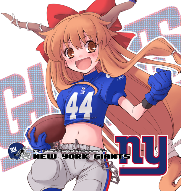 :d ahmad_bradshaw ahmad_bradshaw_(cosplay) alternate_costume bangs blonde_hair blue_gloves blush bow brown_eyes chain chains clothes_writing clothing_writing cosplay crop_top flat_chest floating_hair football football_(object) football_uniform fujii_jun gloves hair_between_eyes hair_bow hair_ribbon helmet holding horn_ribbon horns ibuki_suika jersey knee_pads logo long_hair looking_at_viewer low-tied_long_hair midriff national_football_league navel new_york_giants number open_mouth orange_eyes orange_hair pants payot ribbon scrunchie shirt shoulder_pads smile solo sportswear touhou turtleneck uniform very_long_hair