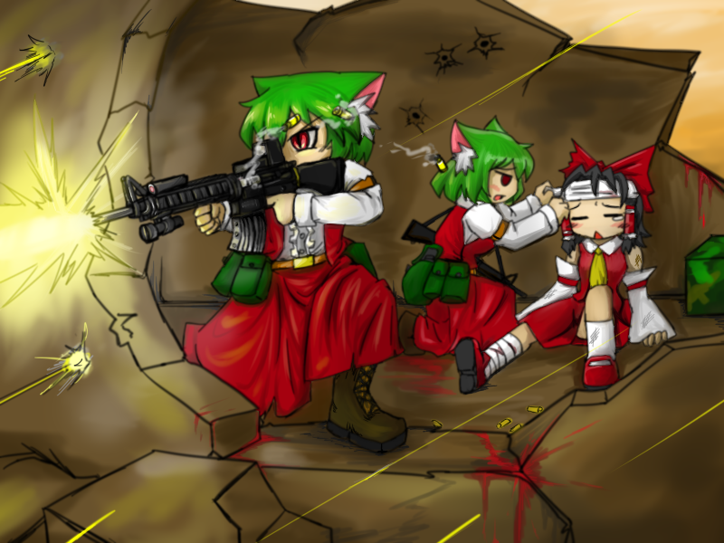 ascot assault_rifle bandage bandages black_hair blood bloodycat boots bow casing_ejection cat_ears detached_sleeves firing green_hair gun hair_bow hair_tubes hakurei_reimu kazami_yuuka left-handed miko multiple_girls muzzle_flash plaid plaid_vest rifle shell_casing short_hair touhou vertical_foregrip vest weapon youkai