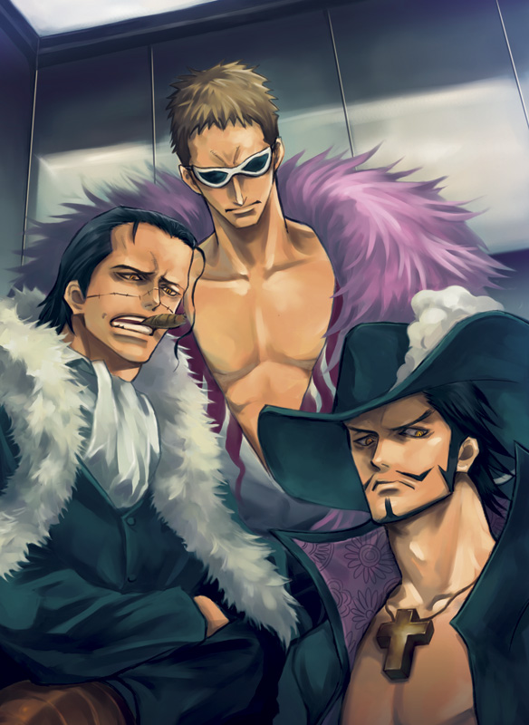 arisue_kanako black_hair blonde_hair cigar cravat donquixote_doflamingo dracule_mihawk facial_hair feather_boa formal fur_coat fur_trim hat hook_hand long_hair multiple_boys muscle one_piece serious shirtless short_hair sir_crocodile smoking suit sunglasses yellow_eyes