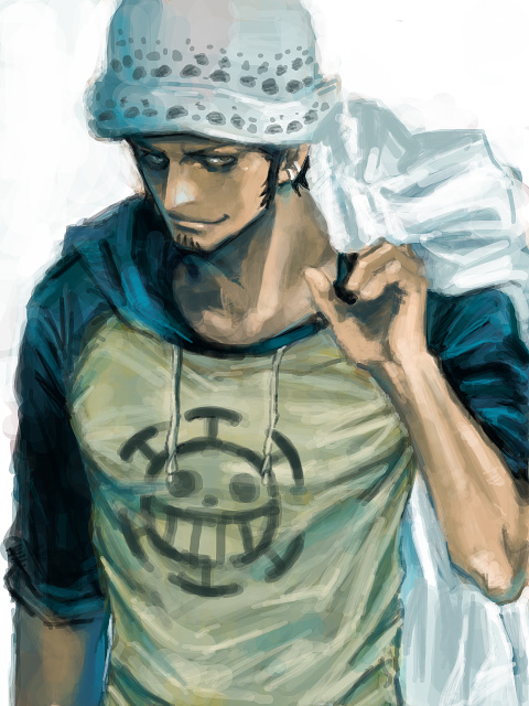 arisue_kanako black_hair cape doctor earrings facial_hair goatee hat hoodie jewelry jolly_roger labcoat male one_piece pirate raglan_sleeves smile solo sweatshirt trafalgar_law yellow_eyes