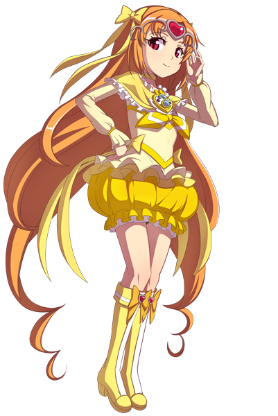 boots bubble_skirt caryo circlet cure_muse cure_muse_(yellow) dress hand_on_hip heart hips long_hair magical_girl nanashino orange_hair precure red_eyes shirabe_ako simple_background smile solo suite_precure white_background yellow_dress